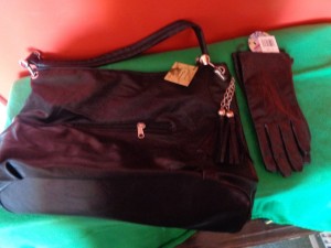 Handbag and gloves, donated by Riff`s.