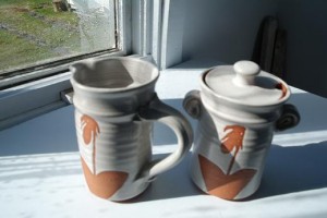 Pottery, for milk and sugar, hand made on Prince Edward Island. Value $80